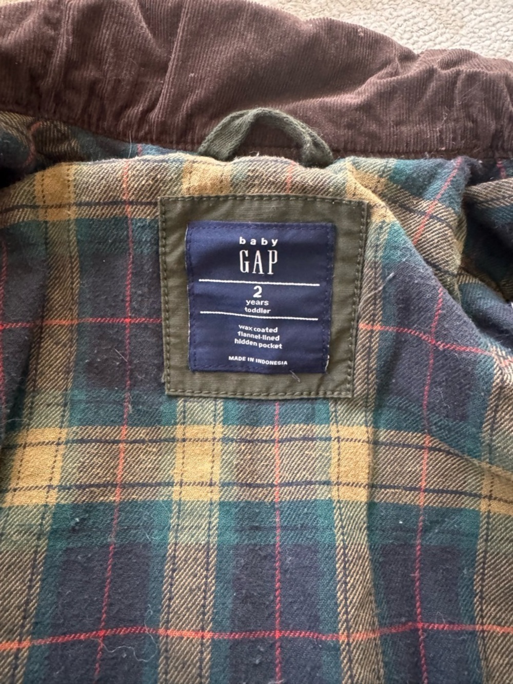 GAP Olive Green Puffer Jacket with Brown Corduroy Collar - Picture 2 of 2